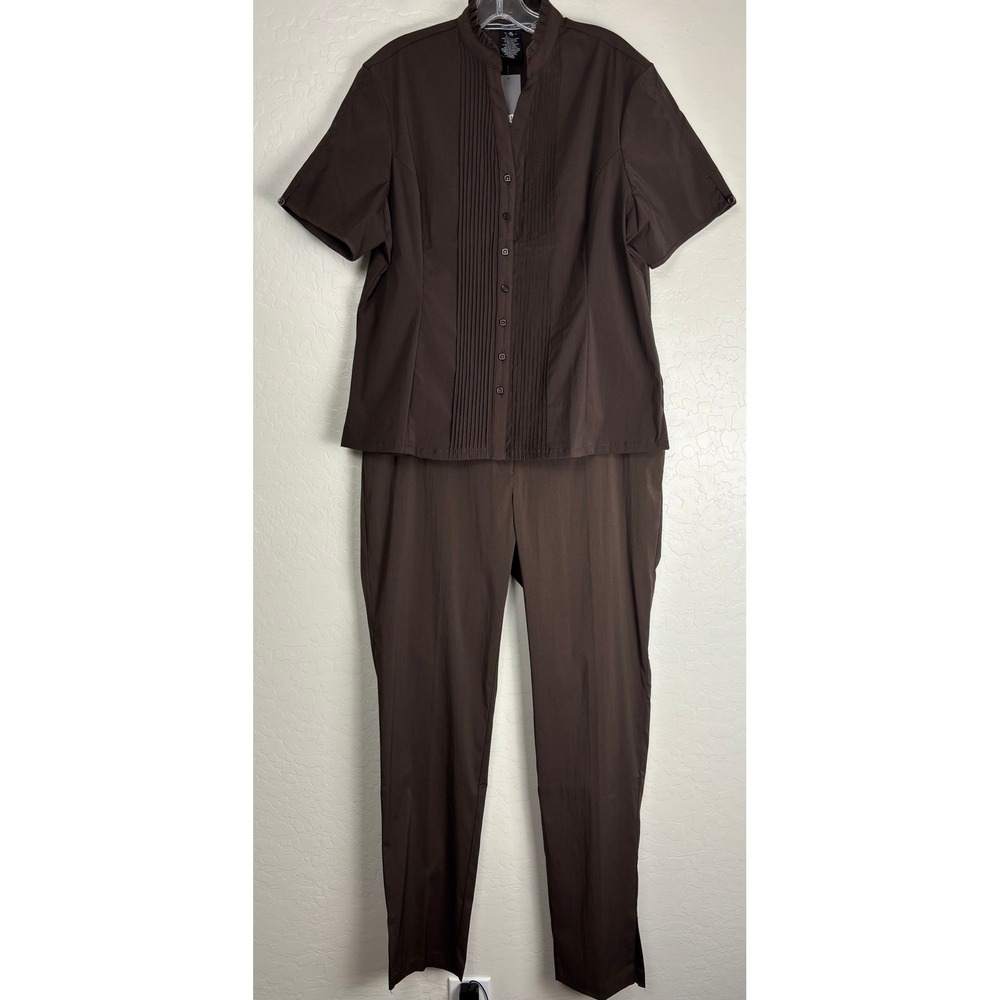 NEW Noel Asmar Brown Pant Blouse Uniform Set Ruffle Collar Pleated Sz XL/16 2437